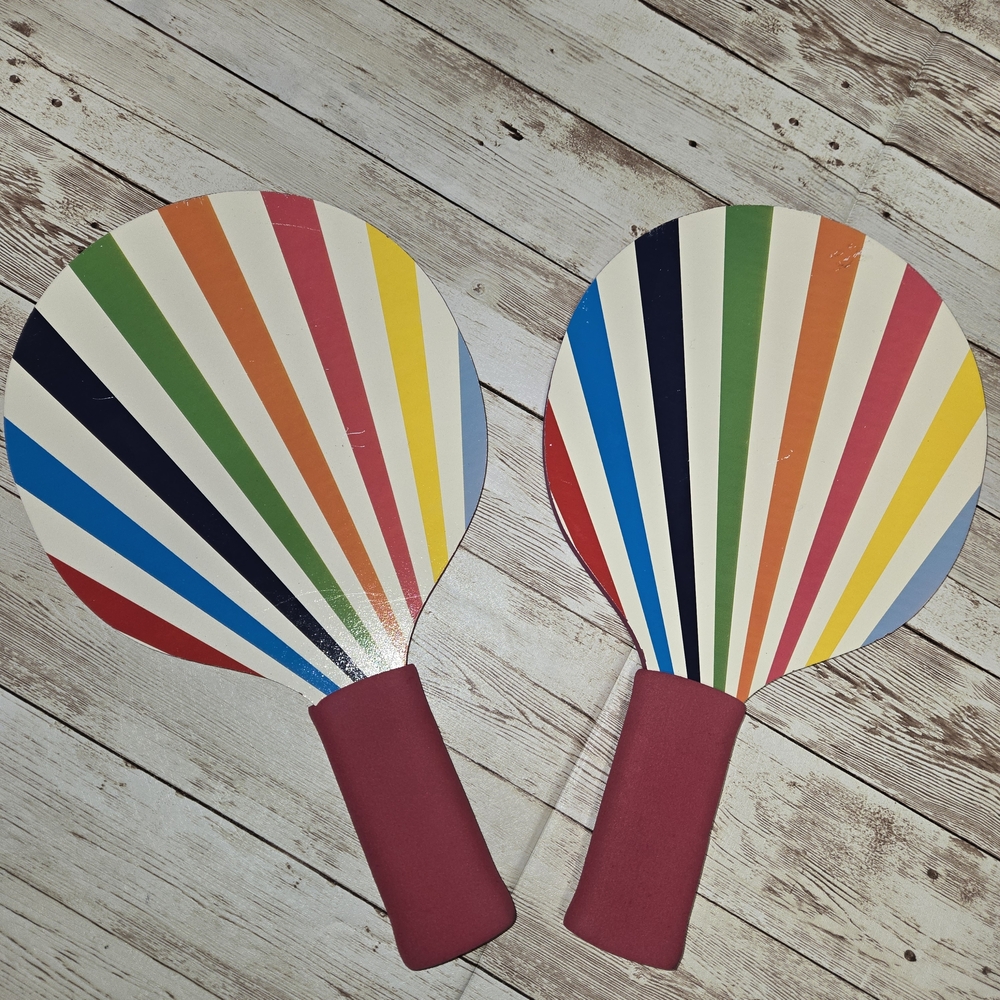 Colorful Ping Pong Paddles Set of 2 – Hot Pink Handles – Striped Design – EUC